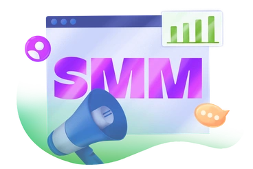 A megaphone and graphs representing social media marketing - Smart style illustration
