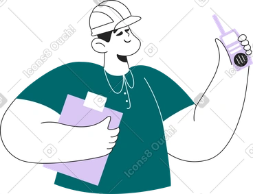 Un homme portant un casque de construction tient un dossier et un talkie-walkie dans ses mains PNG, SVG