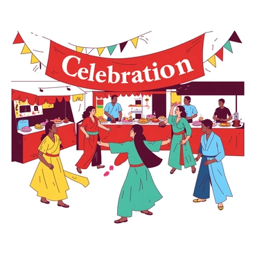 A red banner displaying the word "Celebration" hangs across the scene, adorned with colorful patterns. In the foreground, people are dressed in traditional garments from various cultures, including bright yellow saris, flowing teal kimonos, and elegant blue dashikis. A lively dance circle forms in the center, with individuals smiling and moving energetically to music. Stalls line the background, offering food from different cuisines, including fragrant orange curries and sweet pink pastries. Colorful flags flutter in the breeze, creating a festive atmosphere filled with joyful expressions and a sense of unity.
