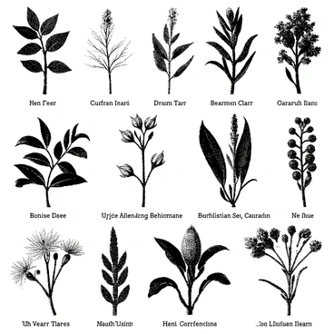 A collection of vintage medicinal plants is displayed in an organized manner. Each plant is illustrated in detail, showcasing its leaves, flowers, and overall structure. The plants include a variety of species known for their medicinal properties. Each illustration is accompanied by annotations that clearly state their uses, written in a legible font. The background is plain to enhance the visibility of the illustrations and text. The layout is structured, presenting the plants in a way that is both informative and visually appealing.
