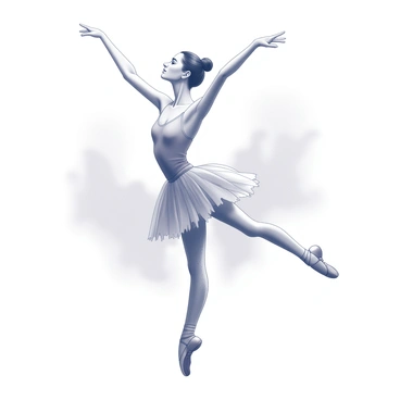 A ballerina in a dynamic mid-leap position, her body elegantly extended in a graceful arc. She wears a flowing tutu and delicate ballet shoes, with her arms elegantly raised above her head. Her hair is neatly styled in a bun, showcasing her poised expression. The background features soft, blurred shapes that suggest a serene atmosphere, providing a gentle contrast to her poised form.