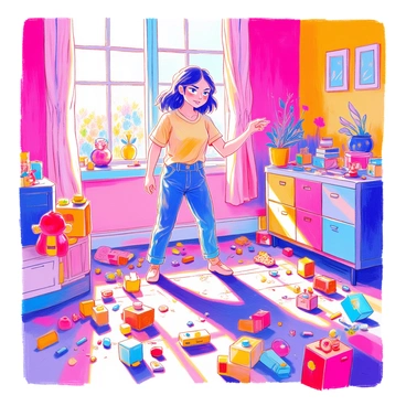 A parent with a stern, angry face stands in a messy room filled with an assortment of colorful toys scattered across the floor. The parent is wearing a plain t-shirt and jeans, with their hand extended, pointing decisively at the chaos around them. The room has bright walls, and various toys like stuffed animals, building blocks, and action figures are visible in disarray. Sunlight streams through a window, illuminating the scene.