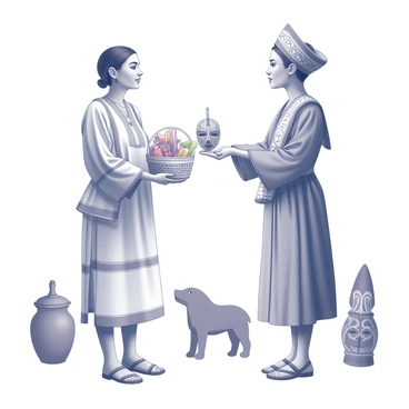 Two individuals stand facing each other, each adorned in traditional attire representing their respective cultures. The person on the left holds an intricately woven basket filled with colorful fabrics, showcasing craftsmanship. The individual on the right presents a decorative ceremonial mask, carved from wood and embellished with various patterns. Between them, their outstretched hands meet, gently exchanging these items, symbolizing the sharing of identity and cultural appreciation. In the background, silhouettes of traditional artifacts enhance the scene, emphasizing the richness of their shared heritage.