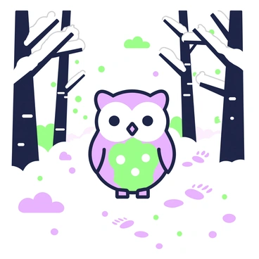 A baby owl with fluffy feathers is standing in a snowy forest clearing. The owl has large, round eyes and a small beak. Snowflakes gently fall around it, creating a soft white blanket on the ground. In the background, tall trees with snow-covered branches frame the clearing. There are footprints in the snow leading away from the owl, indicating it has been exploring the area. The soft light of a cloudy sky casts a muted glow over the scene.