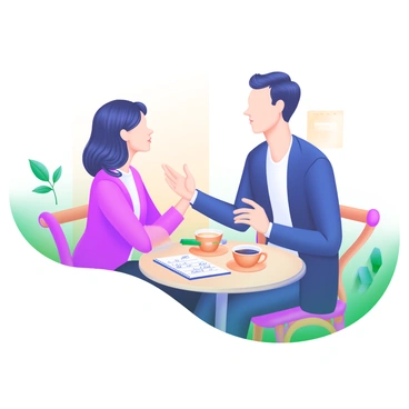 A modern pastel illustration featuring two business partners sitting at a small round table in a cozy café. One partner, a woman with shoulder-length dark hair, is leaning slightly forward, engaged in conversation, while the other partner, a man with short, neatly combed hair, is holding a coffee cup with one hand and gesturing with the other. On the table, there are two cups of coffee, a notepad with handwritten notes, and a pen. Soft, warm lighting enhances the inviting atmosphere of the café, and a small plant is visible in the background.