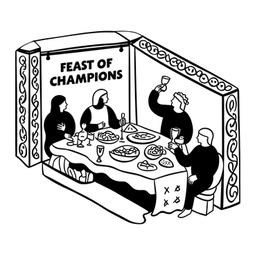 A matchbook with ornate designs featuring intricate patterns reminiscent of medieval art. The cover displays the words "Feast of Champions" in bold lettering. Inside, scenes of knights in armor engaging in lively conversation surround a grand banquet table adorned with various large platters of food, goblets, and decorative banners. The knights are seated, some raising their goblets in a toast, while others are reaching for food. Candles are lit on the table, casting soft shadows over the lavish spread.