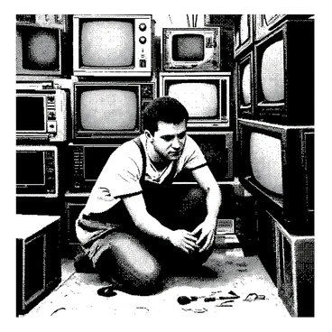 A small shop is filled with various old televisions, stacked and arranged in a cluttered manner. The televisions vary in size and style, showcasing vintage designs with dials and knobs. In the center of the shop, a technician is crouched down, focused intently on fixing one of the televisions. He has short dark hair and is wearing a work apron. Tools are scattered around him, including screwdrivers and wires. The atmosphere of the shop is busy and filled with the nostalgia of past technology.