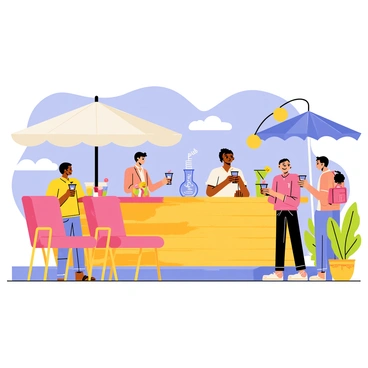 A stylish outdoor bar scene on a sunny terrace. The terrace is adorned with colorful lounge chairs and vibrant plants. A sleek wooden bar is visible with a bartender pouring cocktails into glasses. On the bar counter, a decorative bong stands next to an array of colorful cocktails with garnishes. Umbrellas provide shade over the seating area, and the sky is clear blue with a few fluffy white clouds. Patrons are enjoying their drinks and engaging in lively conversation.