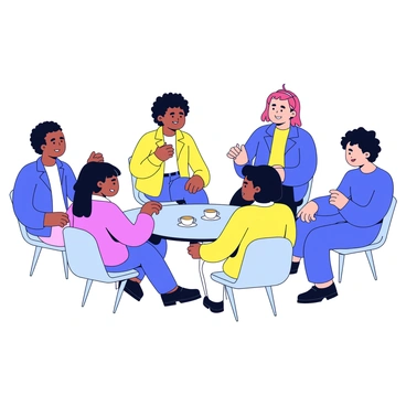 A group of six individuals sitting in a circle. Each participant has a unique appearance, with diverse hairstyles and clothing styles. Their body language is open and engaged, with a focus on one person speaking. Some participants lean slightly forward, while others nod in understanding. In the center of the circle, there is a small table with a few cups of tea. The setting has a calm atmosphere, with soft lighting that highlights the attentive expressions on their faces.