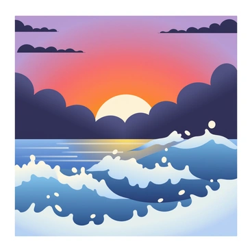 A striking sunset features deep oranges and purples blending into a darkening sky. The horizon is lined with dark storm clouds, creating a contrast against the vibrant colors. Below, the ocean is tumultuous, with large, churning waves crashing against each other. White foam cascades atop the waves, reflecting the hues of the sunset. The atmosphere is tense, as the waves rise high, suggesting an impending storm. The scene captures the raw power of nature in this dramatic setting.