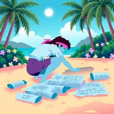 A determined character with tousled brown hair and sun-kissed skin is digging in the golden sand of a tropical island. They are wearing a tattered white shirt and cargo shorts, with a pirate-style bandana tied around their head. Surrounding them are tall, lush palm trees swaying gently in the breeze. Scattered on the ground are several partially unrolled treasure maps, featuring elaborate drawings and markings. In the background, hints of colorful tropical flowers peek through the dense greenery, adding vibrancy to the scene. The sun is shining brightly overhead, casting distinct shadows in the sand.