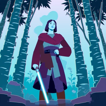 A Jedi with a focused expression, wearing traditional robes, is carrying an injured friend over their shoulder. The friend, with a pale complexion and closed eyes, is draped in a tattered cloak, showing signs of injury. The forest is dense with elongated trees, their bark glistening in shades of blue and silver. Bioluminescent plants emit a soft glow, illuminating the path ahead. In the background, a faint trail of smoke rises from the remnants of a battle, creating a contrast against the vibrant greenery. Light filters through the leaves, casting intricate shadows on the forest floor. The Jedi's lightsaber, glowing in a bright hue, is secured at their waist, ready for any further threats.