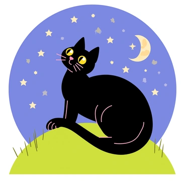 A black cat with glossy fur is sitting on a gentle green hill. The cat has bright yellow eyes, which are wide and curious, gazing up at a sky filled with countless twinkling stars. The stars shine in various sizes and brightness, creating a beautiful celestial display. The moon hangs low, casting a soft glow over the hill, illuminating the cat's sleek silhouette. Surrounding the hill are patches of dark grass, gently swaying in a light breeze.