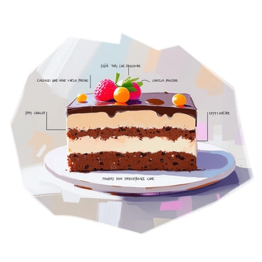 A scientific cross-section diagram of a torte showcasing the multiple layers and ingredients. The torte is displayed in a rectangular format, clearly revealing the top layer of rich chocolate ganache. Below the ganache, there is a layer of fluffy vanilla mousse, followed by a layer of moist chocolate sponge cake. Each layer is precisely labeled with text in quotes indicating “chocolate ganache,” “vanilla mousse,” and “chocolate sponge cake.” Additional details include visible textures such as the smoothness of the ganache and the airy quality of the mousse, enhancing the understanding of the torte's composition. The background is plain to emphasize the torte's structure.