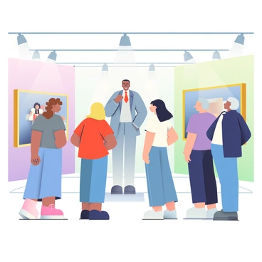 A group of five visitors is standing in a modern museum gallery, engaging with an AI hologram that is projected in front of them. The hologram is a tall, translucent figure that appears to be a historical curator, wearing a classic suit and tie. The visitors include a woman with curly brown hair wearing a blue dress, a man with short black hair in a gray t-shirt, a teenager with blonde hair in a red hoodie, a middle-aged woman with straight black hair in a white blouse, and an older man with gray hair in a navy blue jacket. They are all looking at the hologram with expressions of curiosity. The background features large, framed artworks and bright overhead lights illuminating the space. The floor has a sleek, polished finish that reflects the colors of the surrounding walls.