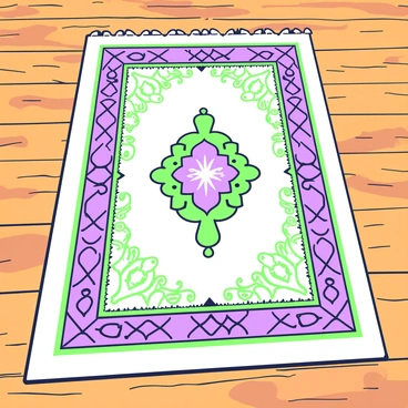 A prayer rug is prominently displayed on a wooden floor. The rug features intricate geometric patterns that are arranged in a symmetrical design, creating a rich visual texture. The wooden floor has a warm, polished finish, highlighting the rug's detailed patterns. The edges of the rug are bordered with a distinctive design that frames the central motif. The interplay between the rug's patterns and the wooden surface creates a dynamic visual contrast.