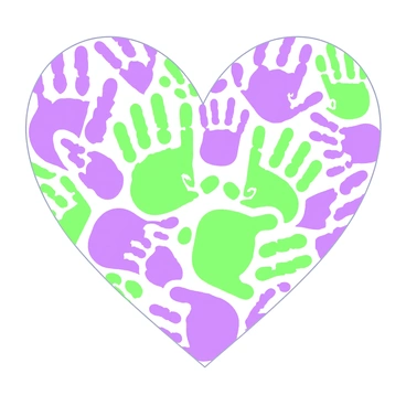 A heart shape created by overlapping children's handprints. The handprints are arranged in a circular pattern, showcasing various sizes and shapes. Each handprint is distinct, with some featuring fingerprints and others reflecting different orientations. The heart shape is filled with vibrant handprints, demonstrating a variety of unique designs and patterns. The background is simple, emphasizing the heart formed by the handprints.