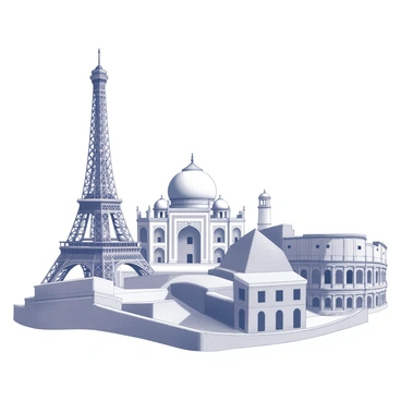 A detailed arrangement of various cultural landmarks from around the globe, each structure meticulously illustrated to showcase its unique architectural features. The Eiffel Tower stands tall, with its iron lattice design prominent in the foreground. Nearby, the Taj Mahal is depicted with its grand dome and intricate marble details. The Great Wall of China winds across the landscape, its stone structure visible amongst the surrounding terrain. The Colosseum in Rome is presented with its arched entrances and weathered exterior. Each landmark is positioned thoughtfully to convey a sense of global cultural diversity.