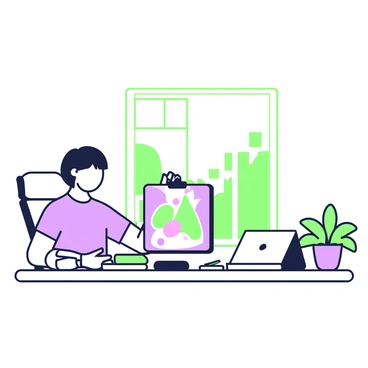 An artist is sitting at a modern workspace, intently focused on creating digital illustrations on a tablet. The workspace features a sleek desk with a smooth surface and a comfortable ergonomic chair. To the right of the artist, there is a potted plant sitting on the desk. The artist has short hair and wears a casual, stylish outfit. The tablet is displaying a vibrant illustration in progress, with various colors visible on the screen. A laptop is open beside the tablet, and art supplies like styluses and sketchbooks are scattered across the desk. There is a large window in the background allowing natural light to filter into the room.
