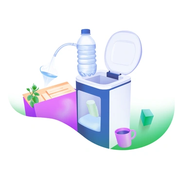 A modern pastel illustration depicting an office water cooler with a transparent bottle on top. Water is visibly being siphoned back into the bottle through a clear tube connected to the cooler. The cooler features a sleek design with a blue and white color scheme. Surrounding the cooler are office items, including a small potted plant, a stack of papers, and a mug. A bright light source casts soft shadows, enhancing the clean and organized atmosphere of the office space.