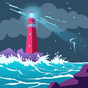 A tall red lighthouse with white trim, its cylindrical shape contrasting against the dark, tumultuous sky. Waves crash violently against rocky cliffs nearby, sending sprays of white foam into the air. Dark gray clouds swirl overhead, illuminated occasionally by flashes of lightning. The lighthouse's light shines brightly, cutting through the storm, casting a beam across the churning sea. In the foreground, jagged rocks are partially submerged, displaying the power of the stormy ocean.