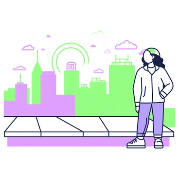 A person is standing on a rooftop, gazing out over a city skyline. The individual is wearing a light jacket and jeans, with their hair gently tousled by the breeze. In the background, the skyline features tall buildings with varying architectural styles, and some buildings have antennas and rooftop gardens. The horizon is illuminated with the soft light of sunrise, casting a warm glow over the cityscape. The sky above is filled with shades of light, signaling the start of a new day.