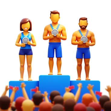 Three athletes standing on a podium, each proudly wearing their medals. The first athlete, a female runner with short brown hair, holds a gold medal and smiles brightly. The second athlete, a male swimmer with a muscular build, displays a silver medal, while the third athlete, a male weightlifter with a beard, showcases a bronze medal. In the foreground, a cheering crowd is visible, waving flags and banners in support, creating a lively atmosphere.