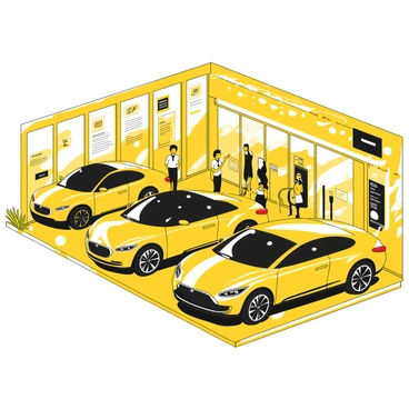 A sleek, modern car dealership with large glass windows displaying the latest vehicle models. Inside, there are several shiny black and yellow cars, each showcasing advanced automotive technology features such as touch screens and futuristic dashboards. The dealership has well-organized sections for electric vehicles and hybrid cars. Bright lighting illuminates the space, highlighting the detailed designs of the cars. There are sales representatives in neat uniforms assisting customers, while informative banners detail innovative features and specs. The floor is polished and reflects the vehicles, enhancing the contemporary atmosphere.