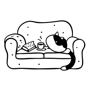 A cute cat curled up next to a coffee cup on a cozy couch with a book.