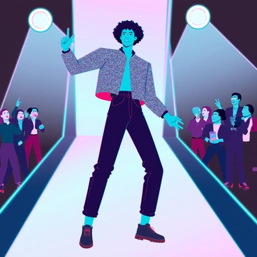 A male performer with dark curly hair styled in a classic 80s fashion is wearing a dazzling, sequined outfit that glimmers under the lights. He stands confidently on a sleek catwalk runway, striking a dynamic pose with one arm raised and the other bent at his side. The outfit features a fitted jacket adorned with shimmering sequins and matching pants, creating a bold and captivating silhouette. The runway is illuminated with bright spotlights, highlighting his movements, and a cheering crowd can be seen in the background, with a mix of excitement and admiration.