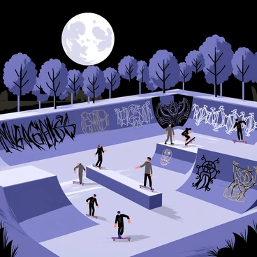 A skatepark featuring various ramps and rails surrounded by a concrete perimeter. The walls are adorned with dark, gothic graffiti, showcasing intricate designs and eerie characters in shades of black and deep purple. A large, luminous full moon hangs in the night sky, casting a silver glow over the skatepark and illuminating the graffiti. Shadows are created by the moonlight, adding depth to the scene. A few skateboarders can be seen practicing tricks on the ramps, contributing to the dynamic atmosphere of the park.