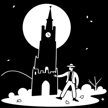A figure resembling Nosferatu, with a long coat and a high collar, stands in a shadowy area near a famous city landmark, such as a towering gothic cathedral or an iconic clock tower. The scene is set under the cover of night, with the silhouette of the landmark prominently featured, casting dramatic shadows. Another character, dressed in a 1920s suit, approaches with an air of caution. The ground is littered with fallen leaves, and a faint mist surrounds the base of the landmark, adding to the eerie atmosphere. The moonlight softly illuminates the scene, highlighting the tension between the two figures.