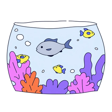 A small minnow with a silver body and delicate fins is swimming among vibrant small fish in a colorful coral reef. The reef is filled with various shapes and sizes of corals in shades of pink, orange, and purple. The minnow is curiously darting around, playfully interacting with a couple of tiny yellow and blue fish. Bubbles are rising from the fish as they swim through the clear water surrounding the reef.