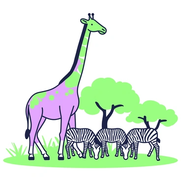 A tall giraffe is standing majestically, its long neck extended high above a group of zebras grazing on the grass. The giraffe has distinct patches on its coat, contributing to its unique appearance. Below, the zebras are clustered together, showcasing their black and white stripes. Some of the zebras are nibbling on the grass, while others are looking up at the giraffe. The savannah is dotted with sparse vegetation, including acacia trees in the background, creating a natural habitat setting. The atmosphere is bright and open, with a clear sky visible above.