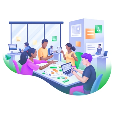 A modern pastel illustration depicting a tech hub filled with diverse individuals collaborating on various projects. In the center, a group of people of different ethnicities is gathered around a large table cluttered with laptops, tablets, and sketches. One person is pointing at a digital tablet, while another is taking notes. Surrounding them are large windows letting in natural light, and walls adorned with colorful sticky notes and diagrams. In the background, additional teams can be seen working on computer monitors and engaging in discussions. The atmosphere is lively, reflecting teamwork and innovation.