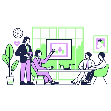 An illustration manager is standing in a modern conference room while presenting artwork to clients. The manager, with shoulder-length hair, is wearing a tailored suit and holding a digital tablet displaying an illustration. There are three clients seated around a sleek glass table, attentively looking at the artwork. The room features large windows that allow natural light to fill the space, and a projector screen is at the front with an enlarged image of the artwork. On the walls, there are framed illustrations and a modern clock. A contemporary plant is placed in the corner of the room.