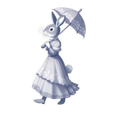 A Victorian rabbit lady dressed in a stylish gown adorned with intricate patterns. She is holding an ornate parasol above her head, which features elaborate designs and a curved handle. Her delicate lace gloves cover her paws, adding a touch of elegance to her appearance. The rabbit has a poised stance as she strolls leisurely, showcasing her refined attire and the graceful movements of her form. Elegant details of her dress flow around her as she walks, accentuating the period's fashion.