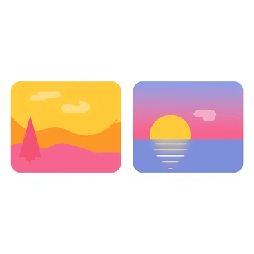 A vibrant sunrise on one side featuring bold yellows, oranges, and pinks blending into the sky. The sun is partially visible, rising above a landscape with silhouettes of trees. On the opposite side, a serene sunset displaying gentle blues, purples, and soft pinks. The sun is setting, casting a warm glow over a calm body of water that reflects the colors of the sky. The transition between the two sides is smooth, showing the beauty of both times of day in a cohesive scene.
