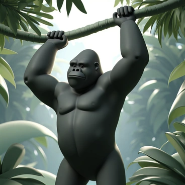 A large, muscular gorilla, with dark fur and a powerful build, is performing pull-ups on a thick, sturdy jungle vine. The gorilla's arms are fully extended as it grips the vine tightly, showcasing its strength. The background features dense, lush green foliage typical of a jungle environment, with various leaves and hanging vines. Sunlight filters through the canopy, casting dappled light on the gorilla and the surrounding plants. The gorilla's expression is focused and determined as it pulls its body upward.