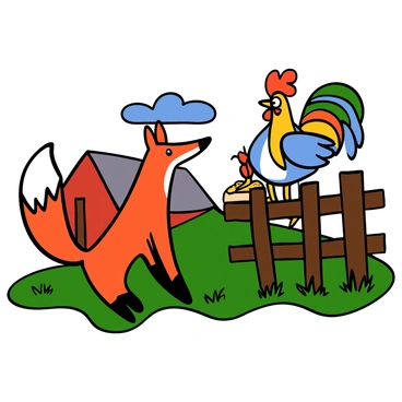 A small fox with reddish-brown fur and bright, alert eyes is curiously looking around a vibrant farm. The fox is standing on all fours, its ears perked up, and its tail is bushy and raised. In the background, a proud rooster with colorful feathers and a shiny beak is watching closely, standing tall on a wooden fence. The farm is dotted with green grass, a red barn, and a clear blue sky. Sunlight casts soft shadows on the ground, enhancing the lively scene.