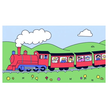 The Hogwarts Express is a bright red steam locomotive moving along a green countryside. The train is billowing white steam from its chimney, creating a misty effect around it. The windows of the train are filled with excited students wearing wizarding robes, some waving their arms and others smiling broadly. Rolling hills and patches of colorful wildflowers are visible in the background, as the train travels along the tracks. The sky is a soft blue with a few fluffy white clouds.