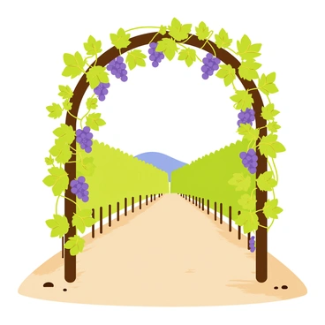 An archway made of living green vines and brown branches stands tall at the entrance of a vineyard. The vines are lush and intertwining, creating a natural canopy overhead. Grapes hang in clusters from the vines, showcasing their rich purple and green hues. The ground beneath the arch is lined with soft, earthy soil and scattered pebbles. In the background, rows of grapevines stretch out, creating a picturesque scene of a thriving vineyard under a clear blue sky.