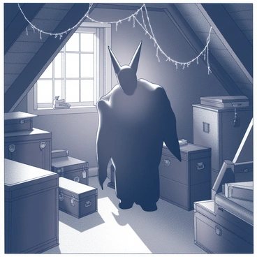 A shadowy figure resembling "Nosferatu" is partially obscured in a dimly lit attic. The attic is filled with dust, cobwebs, and an assortment of old belongings, such as vintage trunks, scattered books, and broken furniture. The ceiling is low, and wooden beams are visible overhead, adding to the cramped atmosphere. Cobwebs stretch across corners and drape over objects, creating a sense of neglect and abandonment. The figure's elongated, pointed ears and sharp features are highlighted by the faint light filtering through a cracked window, casting eerie shadows on the surrounding clutter.