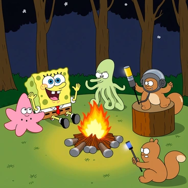 SpongeBob SquarePants, a yellow sea sponge with large blue eyes, is sitting cross-legged on a grassy patch next to a flickering campfire. He is animatedly sharing a spooky story, gesturing with his hands. Next to him, Patrick Star, a pink starfish with big eyes, is leaning forward, eyes wide in anticipation. On the other side, Squidward Tentacles, an octopus with an annoyed expression, is sitting on a log, rolling his eyes but secretly intrigued. Sandy Cheeks, a squirrel wearing a space helmet and a brown jumpsuit, is perched on a nearby stump, looking excited and holding a flashlight up like a microphone. The background features tall trees with shadows dancing in the firelight, creating an atmosphere of playful spookiness.