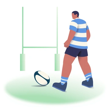 A focused rugby player with short black hair is standing on a grassy field, preparing to take a goal kick. He is wearing a blue jersey with white stripes and black shorts. His feet are firmly planted on the ground, and he is gazing intently at the rugby ball positioned on a white tee in front of him. The ball is an official rugby ball, featuring a classic oval shape with distinctive markings. In the background, a set of goal posts stands tall, framed by a clear blue sky. The ground is slightly worn, indicating previous matches.