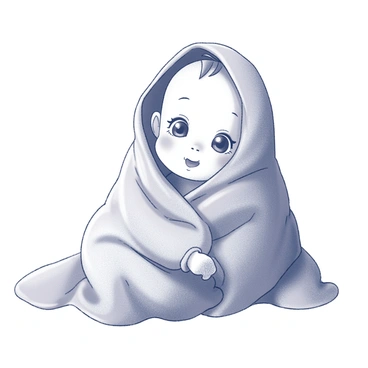 A baby wrapped snugly in a soft, textured blanket. The blanket is draped around the infant, creating a cocoon-like appearance. The baby has a round face and is peeking out with curious eyes that are wide open. The surrounding area is simple, focusing on the baby's expression and the detail of the blanket's folds and patterns.