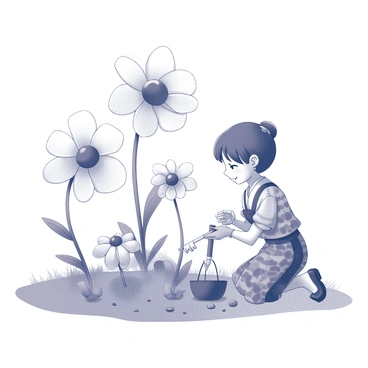 A Shugao figure is interacting with a whimsical garden. The figure is depicted with a playful expression, wearing a traditionally patterned outfit. The garden is filled with oversized flowers, featuring large petals that stretch towards the sky. The flowers have unique shapes and designs, creating an imaginative landscape. The ground is textured with grass and small stones, complementing the vibrant scene. The Shugao figure is kneeling on one knee, tending to the flowers with a gardening tool in hand.