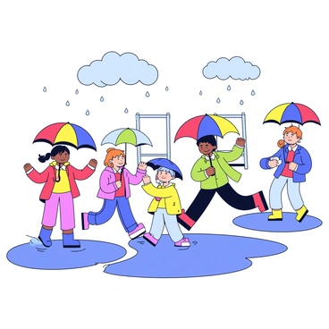 A vibrant playground filled with water puddles after a rain. Several children are jumping in the puddles, splashing water around. They are holding colorful umbrellas in bright shades of red, blue, yellow, and green. The children are wearing raincoats of various colors, with some wearing rubber boots. The sky above is cloudy, indicating recent rainfall, while the playground equipment, such as swings and slides, is glistening with moisture.