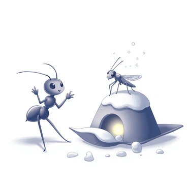 An ant standing at the entrance of a small anthill. The ant is gesturing invitingly with one antenna raised and a friendly posture. Outside, a grasshopper is perched on a snow-covered leaf, shivering slightly. The grasshopper has long, slender legs and large compound eyes, looking curiously towards the anthill. The scene conveys a sense of contrast between the cold winter environment and the warm, cozy interior of the anthill, which is hinted at by a soft glow emanating from within. Snowflakes are gently falling around them, adding to the winter atmosphere.