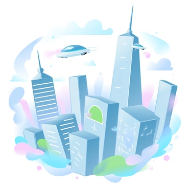 A sprawling futuristic cityscape is filled with towering skyscrapers that reach high into the sky. The buildings have smooth, sleek surfaces made of glass and metal, reflecting the ambient light of the setting sun. Numerous flying cars zip through the air, leaving trails of light behind them as they navigate among the buildings. The city is illuminated by neon signs and holographic advertisements that hover in the air. There are green parks and vertical gardens on some buildings, adding a touch of nature to the urban environment. The scene conveys a sense of advanced technology and vibrant life within the city.